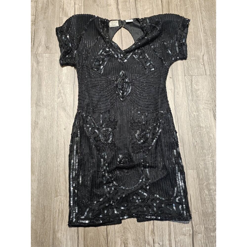 Vtg Black Beaded Sequin Stenay Mini Silk Dress Size 6 Whimsigoth Flapper LBD